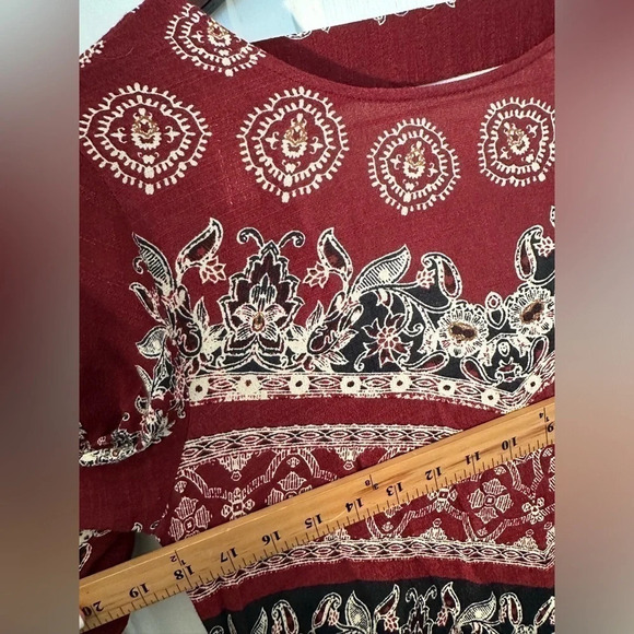 FREE PEOPLE XS Anthropologie ALLURING Maroon Printed Backless Long Sleeve Tunic - Picture 8 of 8